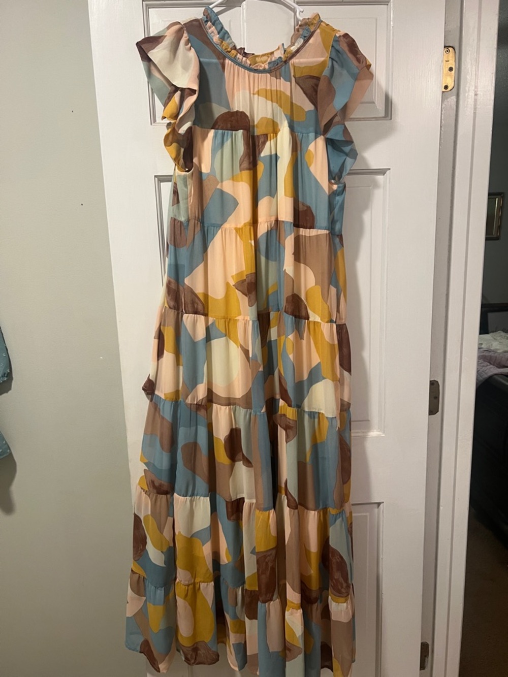 entro Multicolor Ruffle Sleeve Tiered Maxi Dress in Blue, Mustard & Brown